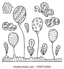 Hand drawn balloons and butterfly on a white isolated background. Coloring book for children and adults. Simple outline antistress drawing.