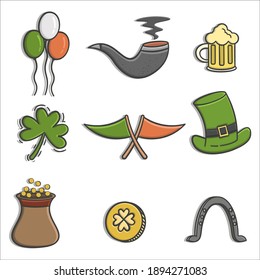 Hand drawn balloons, clover, beer mugs, tobacco, horseshoe, two flags , hat, gold coin pot sketches for St. Patrick. Irish festival decorations. hand drawn Saint Patrick's Day
