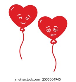 Hand Drawn balloons on rope with smiley faces on it in trendy red. St Valentine Day design element