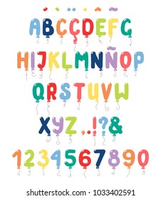 Hand drawn balloons roman alphabet with numbers, punctuation marks, diacritics for Spanish, Italian, Portuguese, French. Make your own lettering. Isolated letters on white. Vector illustration.