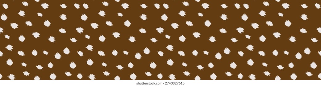 Hand drawn Bambi print seamless pattern. Artistic fawn skin texture with white spots on brown background. Cute deer fur animal print for nursery, textile and wallpaper. Vector illustration.