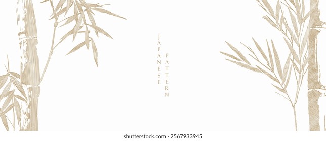 Hand drawn bamboo branch on white background decorations in vintage style. Art abstract leaves template design.