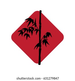 Hand drawn bamboo branch in a rhombus shape. Red and black logo template.