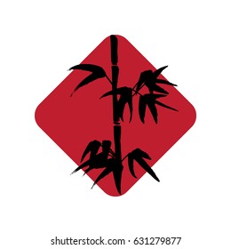 Hand drawn bamboo branch in a rhombus shape. Red and black logo template.