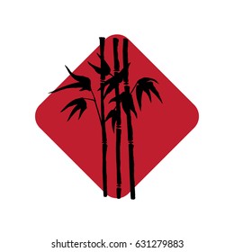 Hand drawn bamboo branch in a rhombus shape. Red and black logo template.
