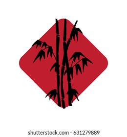 Hand drawn bamboo branch in a rhombus shape. Red and black logo template.