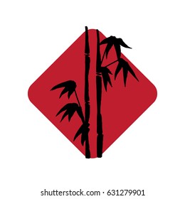 Hand drawn bamboo branch in a rhombus shape. Red and black logo template.