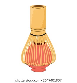 Hand drawn bamboo matcha tea whisk on red kusenaoshi stand isolated on white background