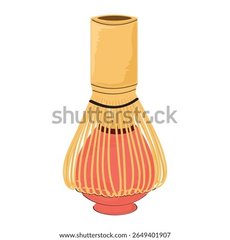 Hand drawn bamboo matcha tea whisk on red kusenaoshi stand isolated on white background