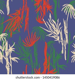 Hand drawn bamboo or sugarcane plants. Nature pastel blue seamless pattern.