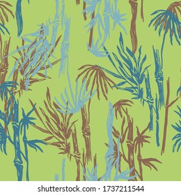 Hand drawn bamboo or sugarcane plants. Botanical pastel green seamless pattern.