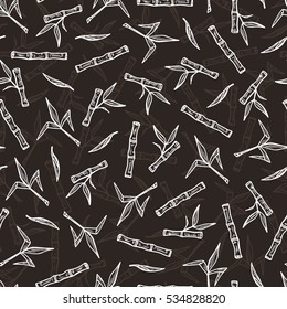 Hand Drawn Bamboo or Sugarcane Plants Vector Seamless Pattern. Stalks with leaves endless background.