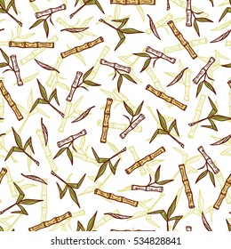 Hand Drawn Bamboo or Sugarcane Plants Vector Seamless Pattern. Stalks with leaves endless background.