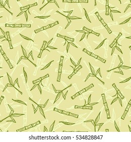 Hand Drawn Bamboo or Sugarcane Plants Vector Seamless Pattern. Stalks with leaves endless background.