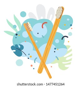 Hand drawn bamboo tooth brushes for oral care. Ecological lifestyle, zero waste and plastic free. Trendy cartoon style. Bristle brushes on background with doodles, good for print poster.
