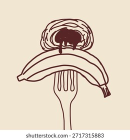 Dibujado a mano plátano y pan en una ilustración de tenedor