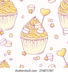 Hand drawn banana cupcake seamless pattern. Doodle vector illustration. Sweet dessert background