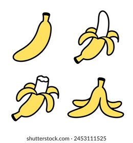 Hand drawn banana doodle icons: whole, peeled, bitten and empty peel. Simple drawing, vector clip art illustration.