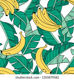 Hand drawn banana leaves and bananas on white background. Seamless vector pattern. Perfect for fabric, wallpaper or wrapping paper.