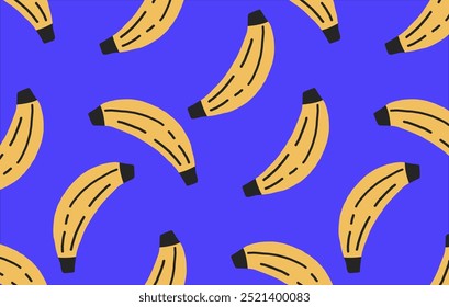 Hand drawn banana seamless pattern. Vector illustration on a blue background