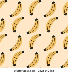 Hand drawn banana seamless pattern. Vector illustration on a yellow background