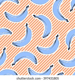 Hand drawn banana. Seamless pattern with diagonal lines.