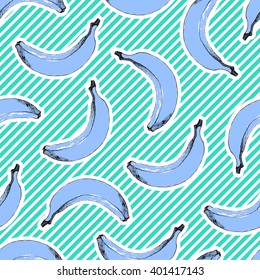 Hand drawn banana. Seamless pattern with diagonal lines