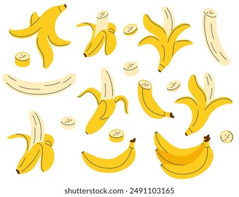 Hand drawn banana set. Simple drawing of whole, peeled bananas, sliced, chopped, empty peel