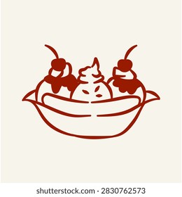 Hand drawn of Banana Split Tripple Scoops Ice Cream with Cherry on The Top. Vector Brush Line Art Illustration Element Icon Symbol Logo for Cafe, Menu, Restaurant, Sticker Journal, Branding, or Marketing.