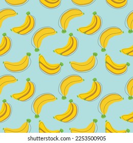 Hand Drawn Bananas Seamless pattern on blue background, Yellow Fruits. Cute Banana Vector Illustration.