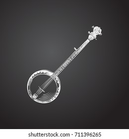 Hand Drawn Banjo Sketch Symbol. Vector String Instrument Element In Trendy Style.