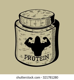 Hand drawn bank with Protein. Sport Nutrition Container. Vector monochrome illustration isolated.