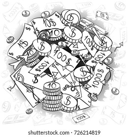 Hand Drawn Banknotes and  Coins. Doodle Drawings of Cash Arranged in a Circle. Sketch Style. Vector Illustration.