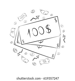Hand Drawn Banknotes and Coins. Scribble Drawings of Cash and Arrows Arranged in a Circle. Sketch Style. Vector Illustration.