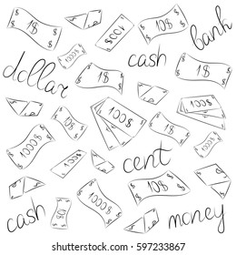 Hand Drawn Banknotes. Doodle Money Rain. Scribble Drawings of Cash. Sketch Style. Vector Illustration.