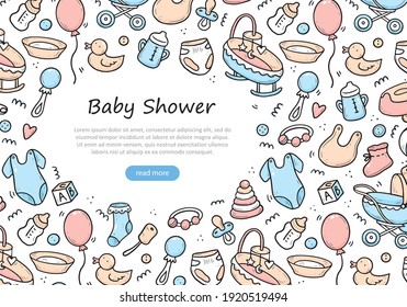Hand drawn banner of baby shower things, toy, rattle, milk bootle, clothes. Doodle sketch style. Baby element drawn by digital pen. Illustration for banner, background design template.