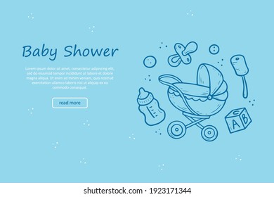 Hand drawn banner of baby shower things, toy, rattle, milk bootle, clothes. Doodle sketch style. Baby element drawn by digital pen. Illustration for banner, background design template.