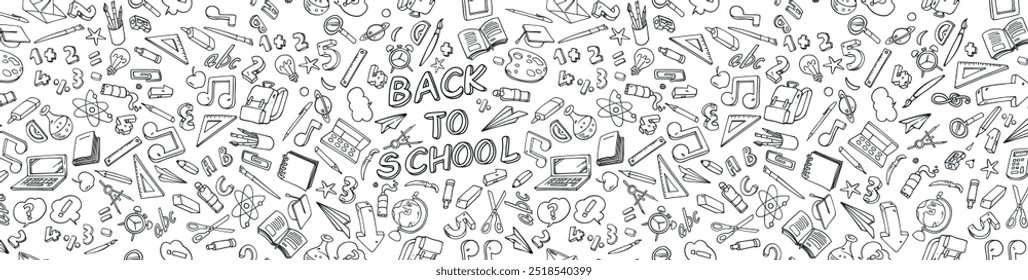 Hand drawn Banner Back to school doodle set of elements. School object collection. vector illustration