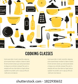 Banner dibujado a mano, fondo con utensilios de cocina, artículos de aseo. Ilustración vectorial con diferentes utensilios de cocina.