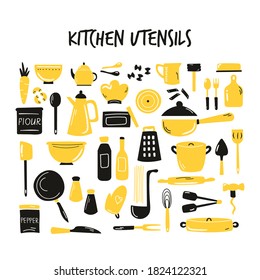 Hand drawn banner, background with cooking utensils, amenities. Vector illustration with different kitchenware.
