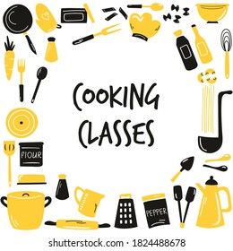 Hand drawn banner, background with cooking utensils, amenities. Vector illustration with different kitchenware.