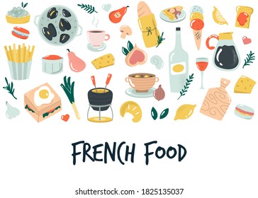 Hand drawn banner, background with French food. Delicious vector illustration.