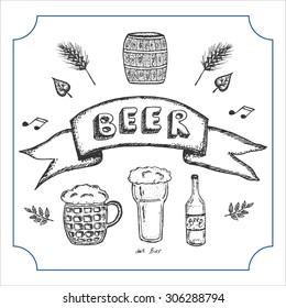 Hand drawn banner for beer bar with set of elements for beer advertising: beer glass, beer bottle, malts and leaves, beer barrel with beer. Vector illustration. 