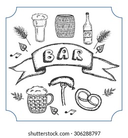 Hand drawn banner for beer bar with set of elements for advertising: beer glass, beer bottle, traditional german bread brezel, sausage on the fork, malts, barrel with beer. Vector illustration. 