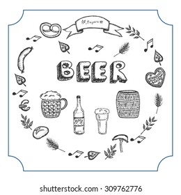 Hand drawn banner for beer with set of elements for advertising: beer glass, beer bottle, malts, cake, sausage, music notes, leaves, barrel with beer. Vector illustration. 