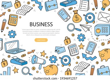 Hand drawn banner of business and finance elements, coin, calculator, piggy, money. Doodle sketch style. Business element drawn by digital pen. Illustration for banner, flyer, frame design template.