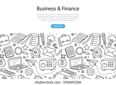 Hand drawn banner of business and finance elements, coin, calculator, piggy, money. Doodle sketch style. Business element drawn by digital pen. Illustration for banner, flyer, frame design template.