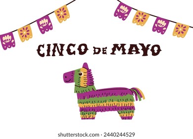 Hand drawn banner cinco de mayo with Pinata horse and bunting. Vector illustration