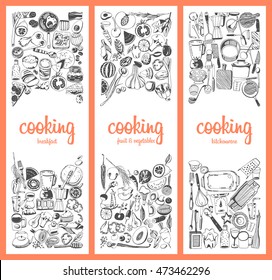 Hand drawn banner collection. Breakfast, Fruit &vegetables, Kitchenware. Vector illustration