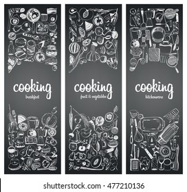Coleção de banner desenhada à mão. Café da manhã, Frutas e legumes, Utensílios de cozinha. Ilustração vetorial